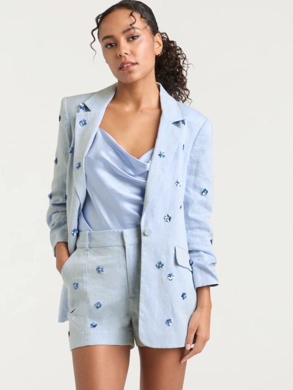 Cinq A Sept Light Blue Linen-Blend Blazer With Flower Embellishments